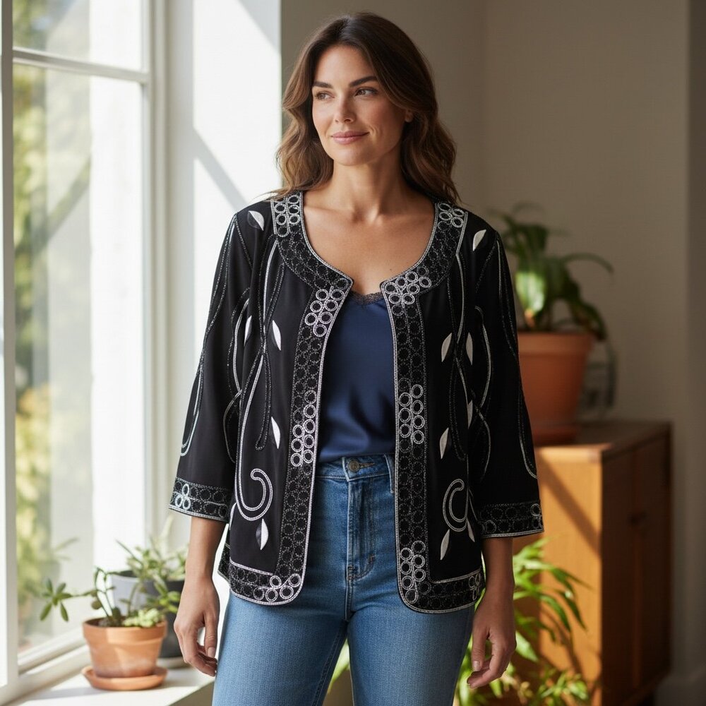 Lauren Michelle Embellished‎ Jacket L Black White Silver 224H